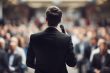 a man speaking in front of crowd people bokeh style background with Generative AI